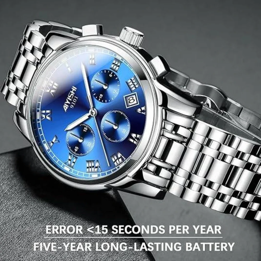 Dofia Xiaoya Aiyishi 9101‎ Men's Silver Stainless Steel Quartz Watch Blue Dial